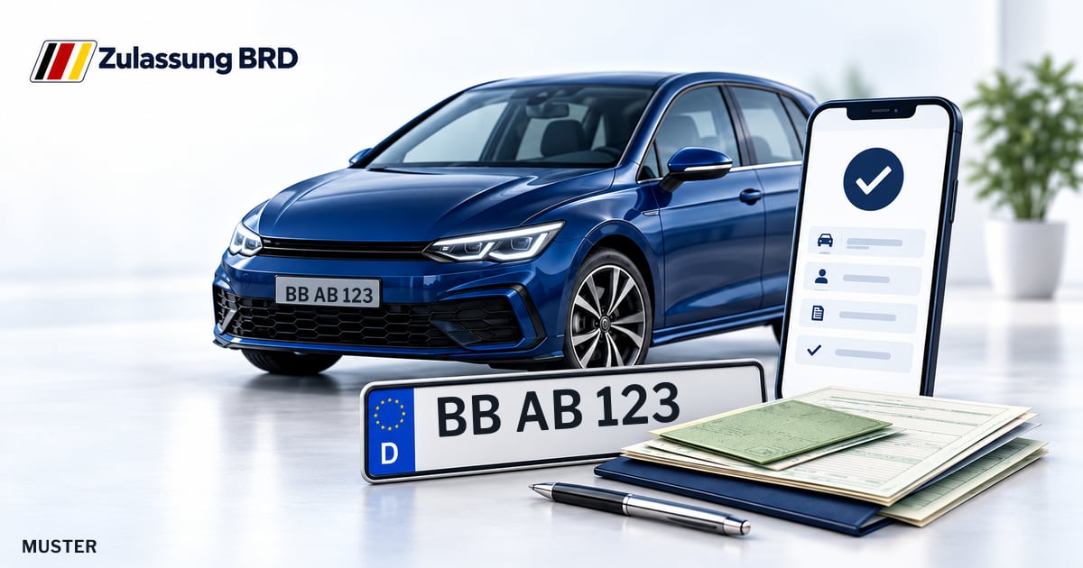 Online Fahrzeugzulassung in Schönaich: Musterkennzeichen BB AB 123, Auto und Fahrzeugpapiere und Smartphone. Illustration mit Logo von Zulassung BRD.